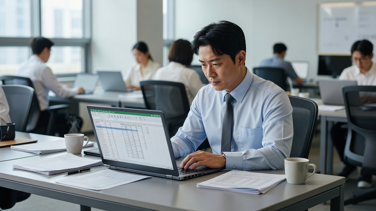 직장인 실무 엑셀 데이터 오류 원인을 보여주는 사무실 장면