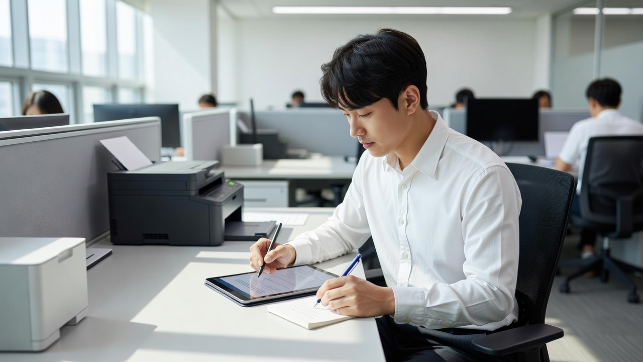 회의록 템플릿 PDF를 태블릿에 저장해 활용하는 직장인
