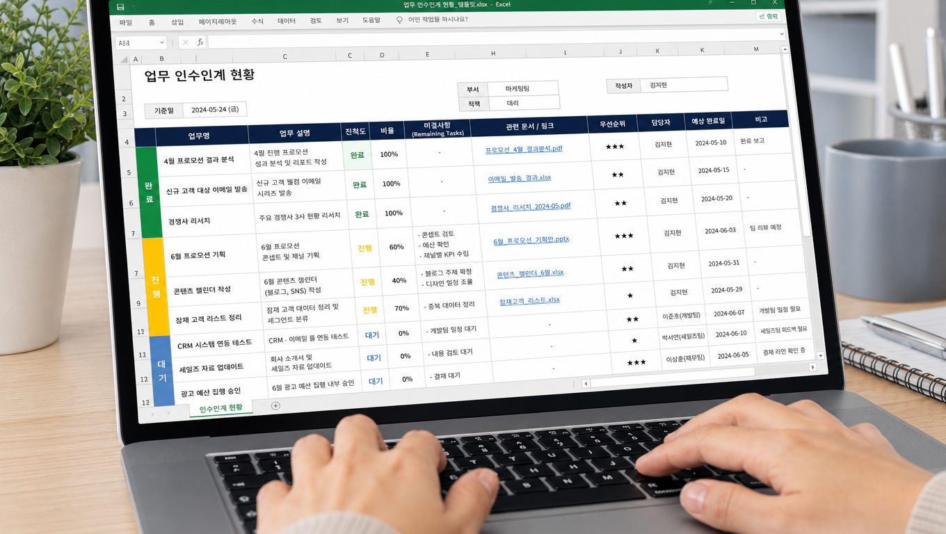엑셀 인수인계 문서 양식에 필수 항목과 업무 상태 표시 방법